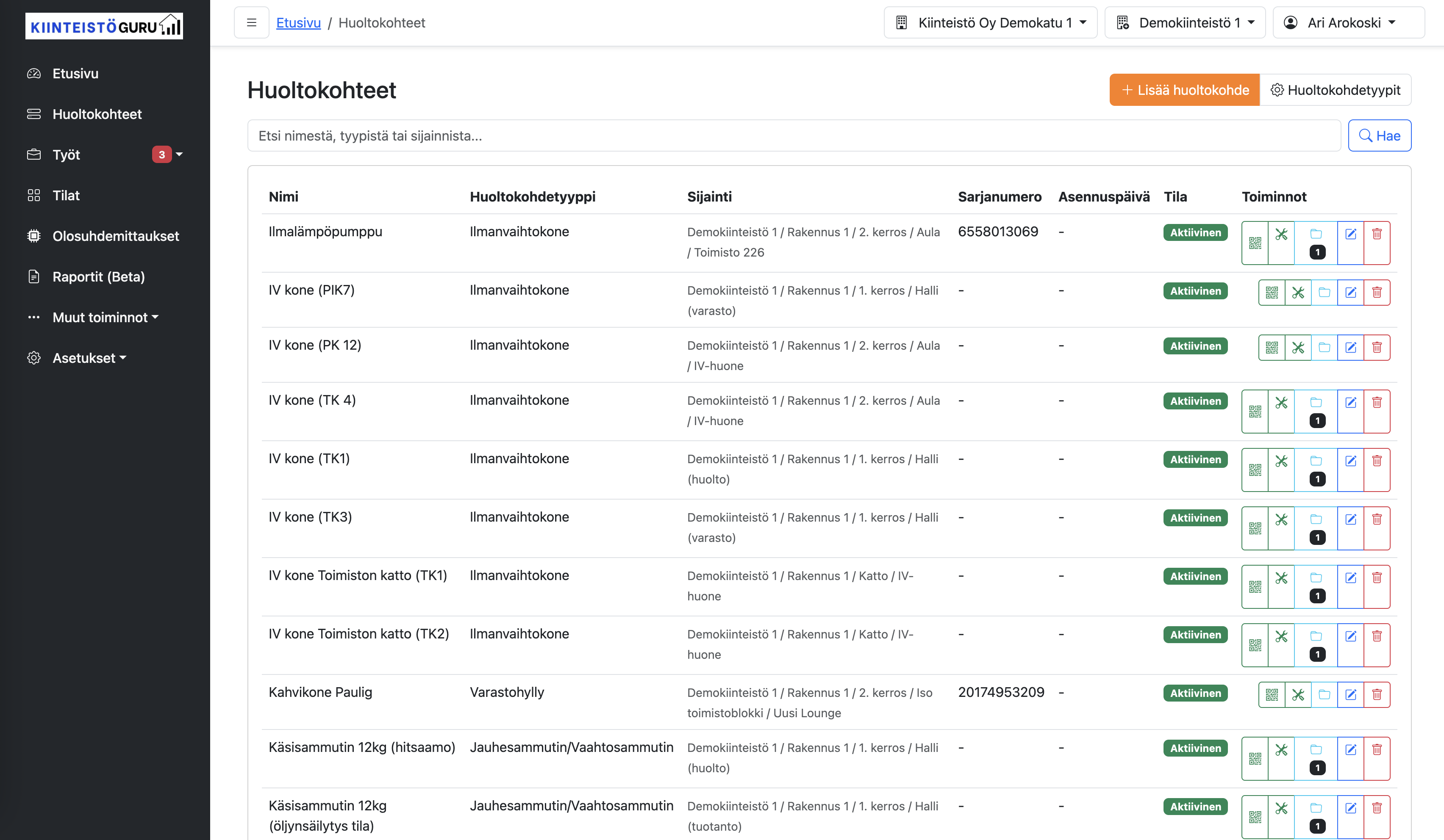 Huoltokohteet-näkymä Kiinteistögurussa