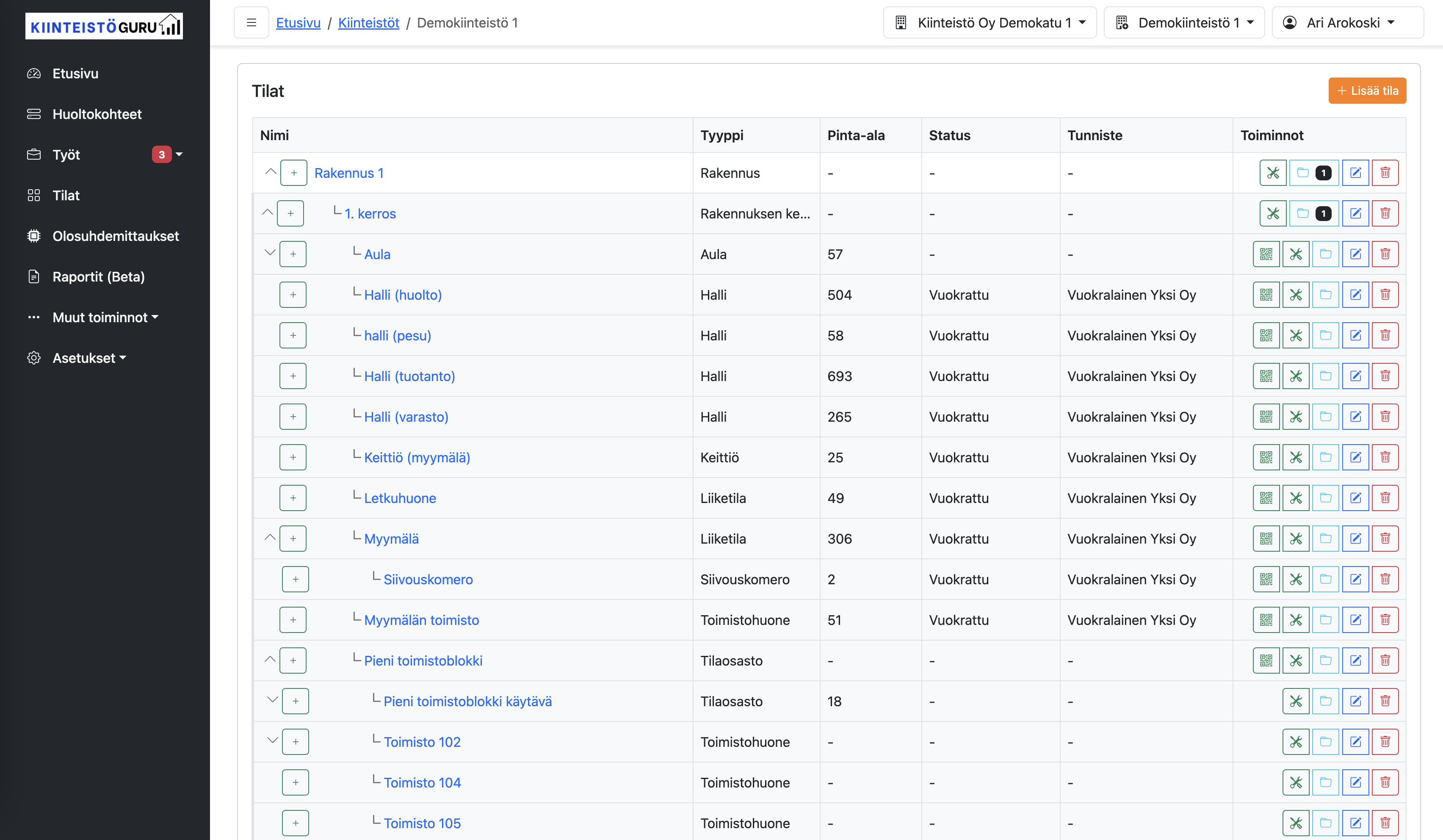 Kiinteistön tilat -näkymä Kiinteistögurussa